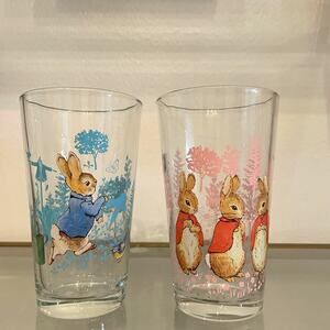 Beatrix Potter Peter Rabbit Glass Tumblers 16oz Set of 2 Spring Floral NEW